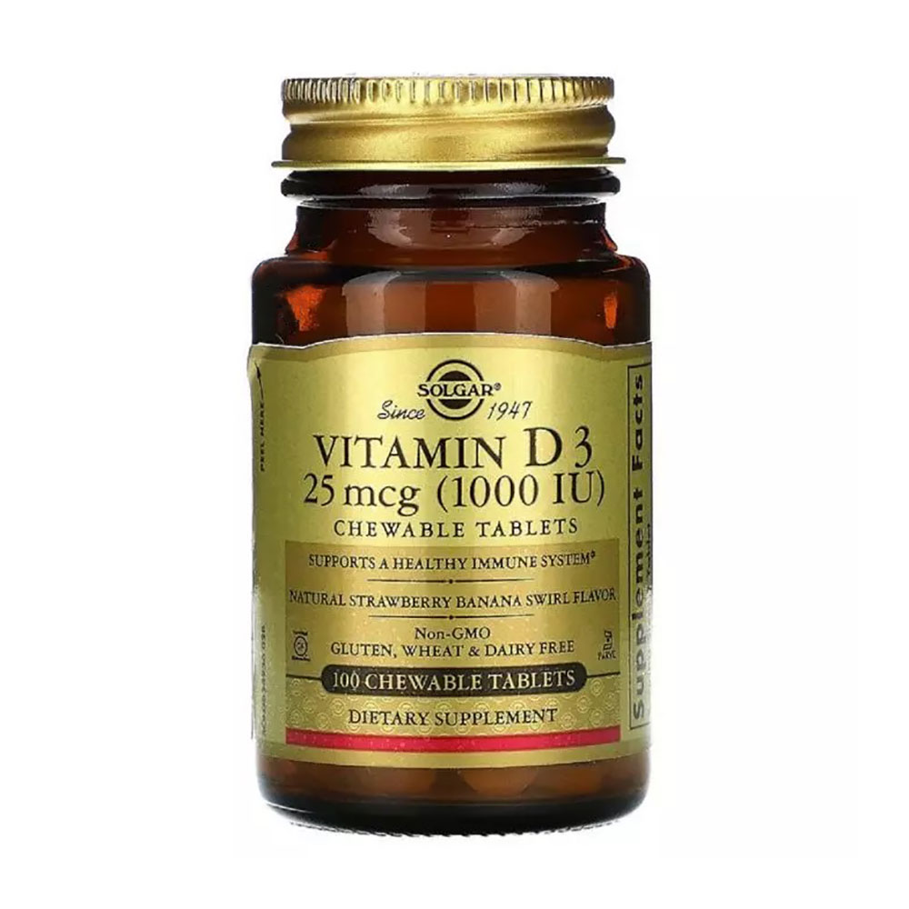 Вітамін Д3 Solgar Vitamin D3 1000 МО з полунично-банановим смаком, 100 жувальних таблеток